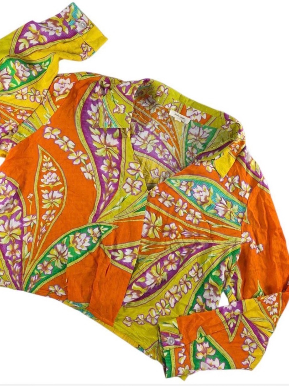 Haute Hippie Medium Tropical Floral Surplice Wrap Blouse Cropped Boho - Picture 3 of 10